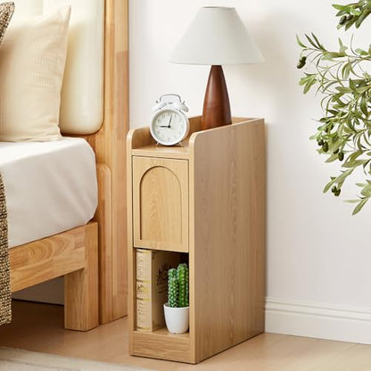 Narrow Nightstands Set of 2, Slim Bedside Tables with Raised Edge Top, Arched Drawer & Open Shelf, Modern Wooden Small End Tables for Bedroom Small Spaces (2, Natural) - color: Natural-arched Drawer, size: 2-Pack