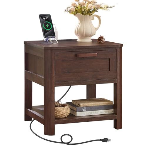 Joaxswe Farmhouse Side Tables Living Room, Walnut | Small Nightstand with 1 Drawers & Open Shelving & 4 Thickened Table Legs & Rounded Corners - color: Walnut, size: Single