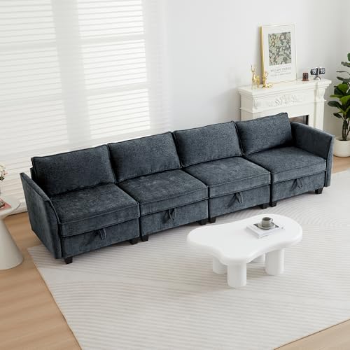 4 Seater Couch with Storage, Modular Sectional Sleeper Sofa Cama Moderno Sets for Home Living Room, Lounge Sofa Couch Sectional Convertible for Bedroom, Office - color: Navy Blue, size: 4 Seater