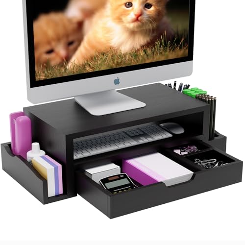 Simple Trending Wood Monitor Stand Riser, Desktop Oraganizer, Black | Desk Organizer and Accessories, Laptop & Printer Stand, Drawer & Pen Holder, for Home Office, 20.25"W x 9.25"D x 5.5"H - size: 20.25"W x 9.25"D x 5.5"H
