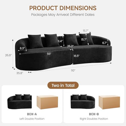 110" Boneless 4 Seater Sofa Couch, Modern Oversized Curved Cloud Sofa, Chenille 4-Seater Deep Seat Sectional Couches for Living Room, No Assembly, Black - color: Black, size: 4-Seater Sofa