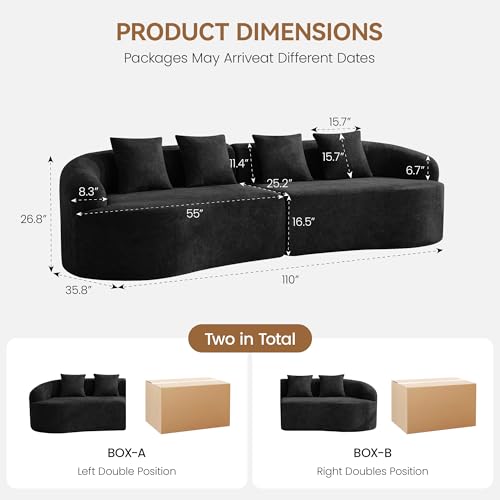 110" Boneless 4 Seater Sofa Couch, Modern Oversized Curved Cloud Sofa, Chenille 4-Seater Deep Seat Sectional Couches for Living Room, No Assembly, Black - color: Black, size: 4-Seater Sofa