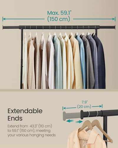SONGMICS Clothes Rack with Wheels, Heavy-Duty Garment Rack with Extendable Hanging Rod, 286.6 lb Load Capacity, 17.7 x (43.3-59.1) x 64.1 Inches, Chrome-Plated, Matte Black UHSR011B01 - color: Matte Black, size: (43.3"-59.1")W