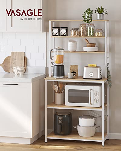 VASAGLE Coffee Bar, 31.5 Inchs 6-Tier Baker's Rack with 6 Hooks | Modern Basic Microwave Stand, 31.5 x 15.7 x 65.7 Inches, Golden Oak and Cloud White, BARNET Collection UKKS019W09 - color: Golden Oak + Cloud White, size: 31.5"W, style: No Power Outlet