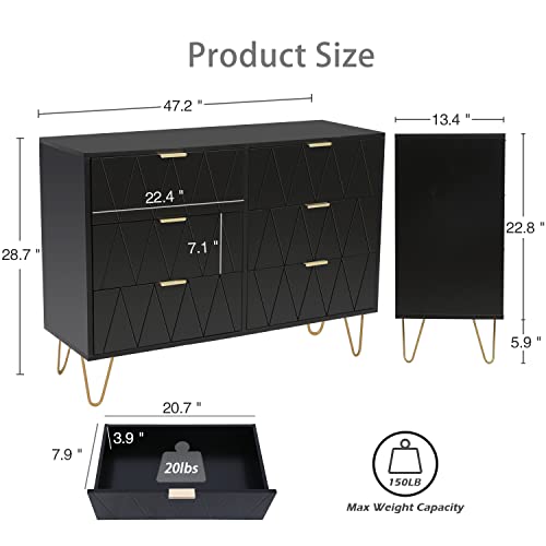 Anbuy Dresser for Bedroom Black 6 Drawer Dresser Chest of Drawers Wide Double Wood Storage Cabinet with Gold Handles - color: Black, size: 13.4"D x 47.54"W x 28.73"H(6 Drawers)