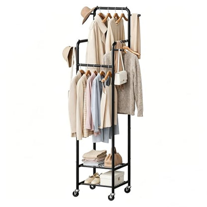 Small Clothing Rack with Wheels, Narrow Rolling Clothes Rack with 2 Shelves | Gasvadivum 71" Tall Sturdy Metal Garment Rack with 4 Hanging Rods & 4 Hooks, Portable Coat Rack for Bedroom, Bathroom, Black - color: Black