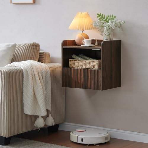 BuildHom Modern Fluted Floating Nightstand Wall Mounted - Bedside Table with Storage Drawer & Display Shelf, Minimalist Bedroom Furniture for Studio Apartments(Walnut) - color: Walnut, size: Single