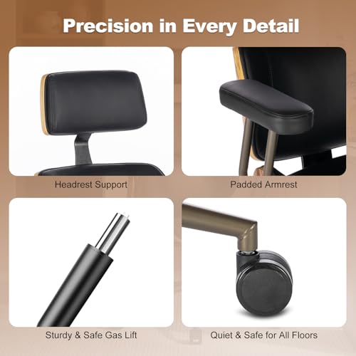 Mid Century Walnut PU Leather High Back Office Chair with Headrest, Black | Curved walnut back & seat, high-back with headrest, PU leather, padded armrests, executive swivel & rolling for home office - color: Black, size: 2-Section Back / Headrest