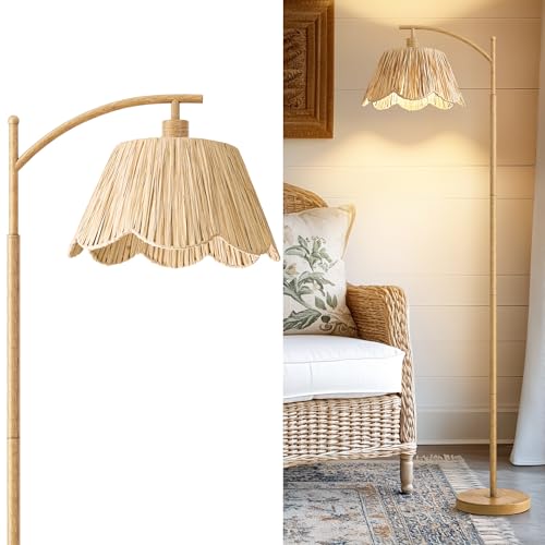 Boho Floor Lamp for Living Room, Farmhouse Standing Lamp with Foot Switch, Corner Reading Lamps for Bedroom with Hand-Woven Shade, Light Woodgrain Metal Base & Pole - color: Light Wood