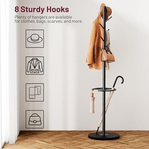SLEEPING LAMB Coat Rack Freestanding with Umbrella Holder, Coat Hanger Stand with Wood Base Fits Entryway, Living Room, Bedroom, Office, Clothes Tree Holder with 8 Hooks for Jackets, Hats, Bags, Black