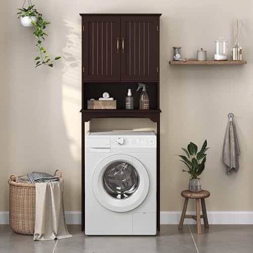 Yaheetech Over The Toilet Storage with 2 Doors & Adjustable Shelf, Free Standing Toilet Rack Wooden Space-saving Collect Cabinet, Bathroom Furniture, 9Dx24.5Wx66H Inches, Espresso | Doors Hide Clutter, Open Cubby Keeps Essentials Handy, Slim 9-Inch Depth