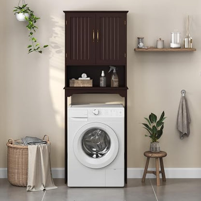 Yaheetech Over The Toilet Storage with 2 Doors & Adjustable Shelf, Free Standing Toilet Rack Wooden Space-saving Collect Cabinet, Bathroom Furniture, 9Dx24.5Wx66H Inches, Espresso | Doors Hide Clutter, Open Cubby Keeps Essentials Handy, Slim 9-Inch Depth