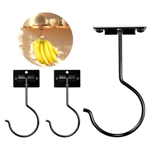 3Pcs Black Self-Adhesive Banana Hook, Grape Hook, Kitchen Fruit Hooks, Banana Hanger, Keep Bananas Fresh Under The Cabinet, with Magnetic Absorption Storage Perfect Design - color: Black, size: 3PCS