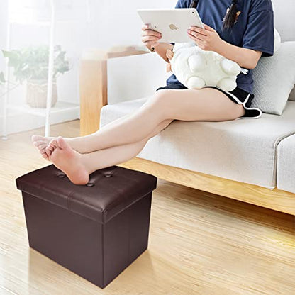 Bsketa Storage Ottoman, Folding Foot Stool with Thicker Foam Padded Seat Small Leather Storage Ottoman Bench Foot Rest for Living Room Foldable Coffee Table 17x13x13in,Brown - color: Brown