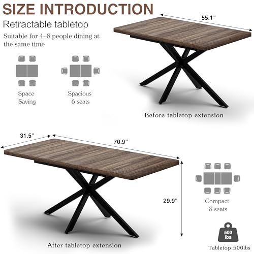 Extendable Dining Table for 4 6 8,55"-70" Kitchen Table Leaf,Dark Walnut | Expandable Rectangle Dining Table,Wood Dining Table w/ Hidden Leaf & Storage, Space Saving, Kitchen Dining Living Room,Modern - color: Removable Leaf 55"-71" Dark Walnut