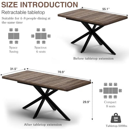 Extendable Dining Table for 4 6 8,55"-70" Kitchen Table Leaf,Dark Walnut | Expandable Rectangle Dining Table,Wood Dining Table w/ Hidden Leaf & Storage, Space Saving, Kitchen Dining Living Room,Modern - color: Removable Leaf 55"-71" Dark Walnut