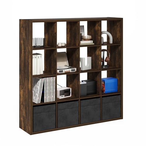 16-Cube Bookshelf, Cubicle Shelf Bookcase with Open Back, Position Reversible Book Shelf, 15 x 58 x 58, for Home Office, Living Room, Amber Pine - color: Amber Pine, size: 16 Cube