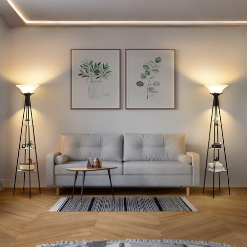 Luvkczc Torchiere Floor Lamp with Shelves, Black, 69" Tall | 3-Tier Glass Shelf, Plastic Shade, Adjustable Color Temperatures, Bulb Included - color: Black