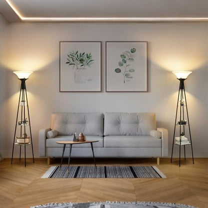 Luvkczc Torchiere Floor Lamp with Shelves, Black, 69" Tall | 3-Tier Glass Shelf, Plastic Shade, Adjustable Color Temperatures, Bulb Included - color: Black