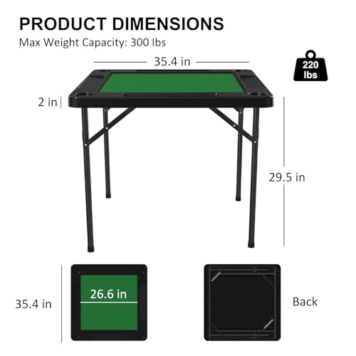 Folding Card Table, 35.4" Square Mahjong Table with Green Felt, Chip Trays and Cup Holders, Portable Domino Tables for 4 Players, Card Game Tables for Mahjong Poker Domino Game, Black - color: Black
