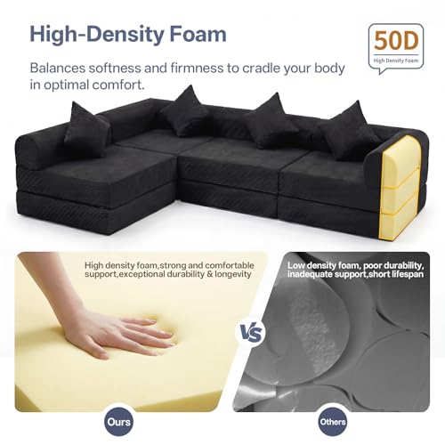 112" L Shaped Modular Sectional Sofa with Ottoman, Cloud Boneless Couch Deep Seat with 4 Pillows, Oversized Folding Sofa Bed Couches for Living Room Bedroom,No Assembly-Black - color: Solid Black, size: 4 Seat