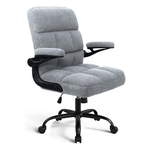 Home Office Chair with Wheels, Rolling Desk Chairs with Flip-up Armrest, Adjustable Office Computer Chair Teddy Fleece, Light Gray - color: Light Grey