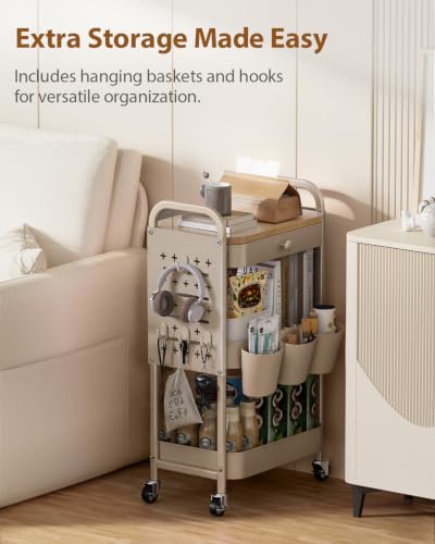 ALVOROG 3 Tier Metal Rolling Cart with Drawer,Wood Top,Pegboards,Khaki | Storage Utility Cart with Drawers,Pegboards,Lockable Wheels,Baskets,Hooks for Kitchen,Office,Bedroom,DIY Supplies - color: Khaki