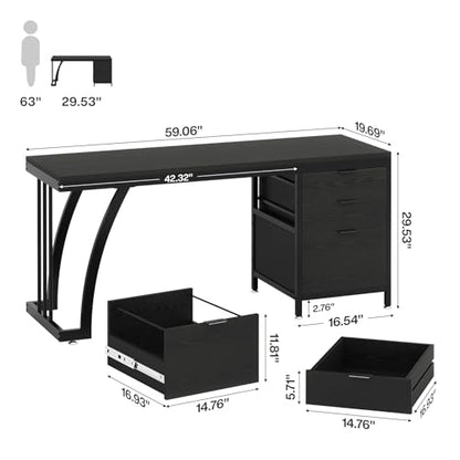 Tribesigns Computer Desk with 3 Drawers, 59-Inch PC Desk with Reversible Drawers, Industrial Study Writing Table Workstation with File Storage for Home Office (Black) - color: Black