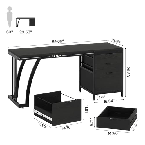 Tribesigns Computer Desk with 3 Drawers, 59-Inch PC Desk with Reversible Drawers, Industrial Study Writing Table Workstation with File Storage for Home Office (Black) - color: Black