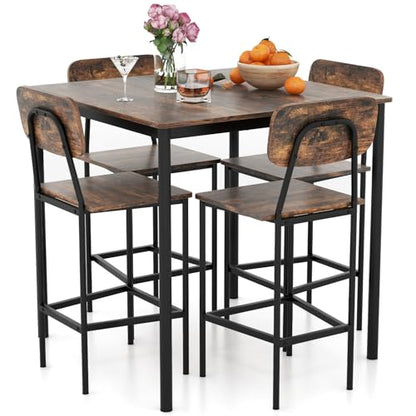Giantex 5-Piece Dining Table Set W/Counter Height Table & 4 Bar Stools, Industrial Kitchen Dining Set W/Footrest & Backrest, Space-Saving Dinette Set for Pub, Dining Room, Restaurant (Mix Brown) - color: Mix Brown