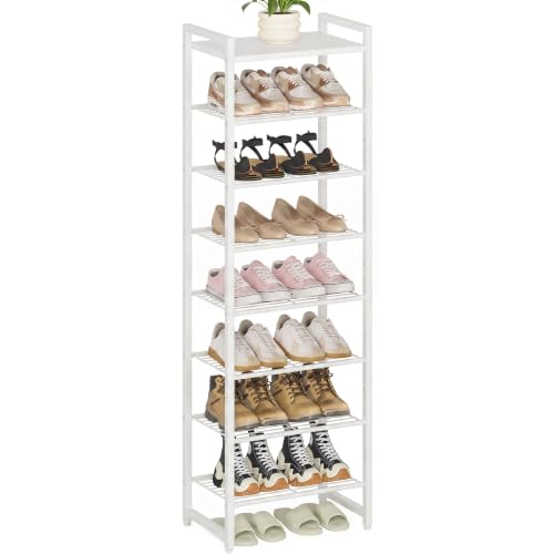 Narrow Shoe Rack 8-Tier, Tall Shoe Organizer for Small Spaces | White, Holds Up to 18 Pairs, for Closets, Entryways, Garage, Dorm Rooms, Reinforced Wire Shelves, Wood Top - color: White, size: 8 Tier