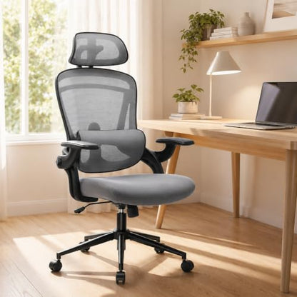 Ergonomic Office Chair, Home Office Desk Chairs with Adjustable Lumbar Support and Headrest, High Back Mesh Computer Desk Chair with 3D Flip-up Armrests & 360° Swivel Wheels, 275 LBS - color: Grey With Lumbar Support