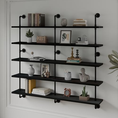 HDDFER Floating Shelves for Wall Bookshelf Industrial Pipe Shelving Shelves 60 Inch 5 Tier Natural Wood Planks Rustic Wall Shelves Hanging Bookshelves Farmhouse Kitchen Shelving - color: Black, size: 5Tier60in