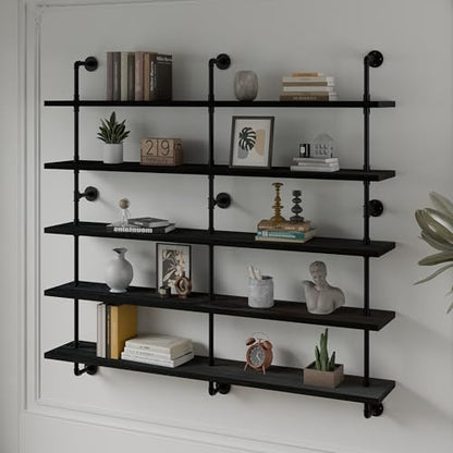 HDDFER Floating Shelves for Wall Bookshelf Industrial Pipe Shelving Shelves 60 Inch 5 Tier Natural Wood Planks Rustic Wall Shelves Hanging Bookshelves Farmhouse Kitchen Shelving - color: Black, size: 5Tier60in