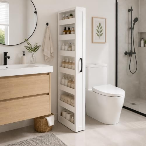 Tall Narrow Storage Cabinet, 71 Inch Tall, 8 Inch Wide, White | 7-Shelf Slim Pull-Out Organizer with Wheels for Small Spaces, Kitchen, Bathroom, Laundry Room and Narrow Gaps - color: D-white