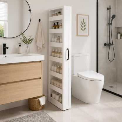 Tall Narrow Storage Cabinet, 71 Inch Tall, 8 Inch Wide, White | 7-Shelf Slim Pull-Out Organizer with Wheels for Small Spaces, Kitchen, Bathroom, Laundry Room and Narrow Gaps - color: D-white
