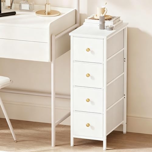Fixwal Narrow Storage Cabinet, Slim Dresser with 4 Fabric Drawers, White | 9.5in width, sturdy & stable structure, solid steel frame, wooden top, suitable for bedroom, bathroom & laundry room - color: White, size: 16.5"D x 9.5"W x 29.5"H (4 Drawers)