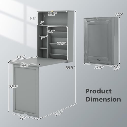 GOFLAME Wall Mounted Folding Desk with 3-Tier Tilt Storage Partition and Adjustable Shelves, Space-Saving Convertible Writing Desk for Home Office, Gray - color: Grey