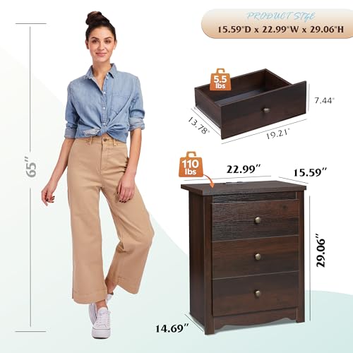 WLIVE Tall Nightstand with Charging Station, Wood Night Stand with 3 Drawers Storage, Bedside Table End Side Tables with 2 USB Ports and Outlets for Bedroom, Closet, Espresso | 3 Drawers Storage, Power Outlets(2AC+2USB), Easy Assembly, Premium Eco-friendl