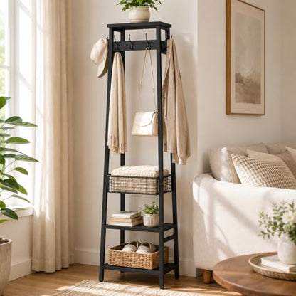 Coat Rack with Metal Basket and Storage Shelves | Coat Stand Freestanding, Hall Tree With and 7 Hooks, Clothes Rack Stand Organizer, Black - color: Black, style: 2 Shelves + 1 Basket