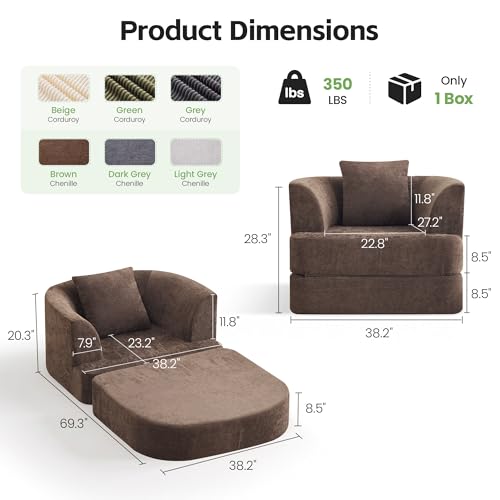 HUBSON 2-in-1 Folding Sofa Bed, Chenille Convertible Single Sleeper Chair Bed, Modern Boneless Foldable Couch, High-Density Foam Lounge Chair for Living Room, Bedroom, No Assembly Required, Brown - color: Brown