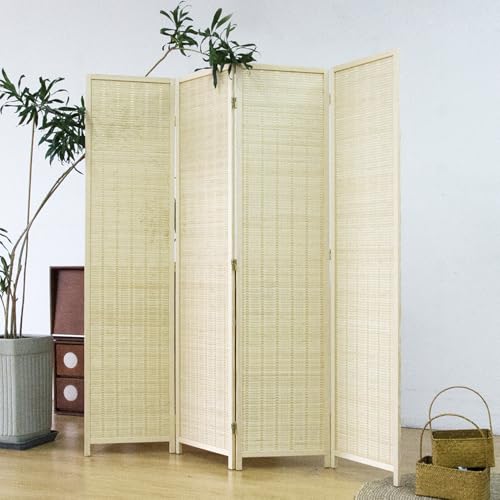 4 Panel Bamboo Room Divider - 5.6 ft Tall Folding Privacy Screen, Natural Beige Freestanding Partition Wall for Home Office & Room Separation (67" H x 61.4" W) - color: Beige, size: 4 Panel