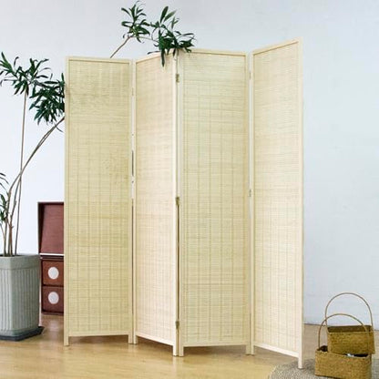 4 Panel Bamboo Room Divider - 5.6 ft Tall Folding Privacy Screen, Natural Beige Freestanding Partition Wall for Home Office & Room Separation (67" H x 61.4" W) - color: Beige, size: 4 Panel