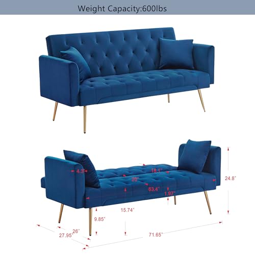 72"Modern Velvet Sofa Bed Futon,Convertible Folding Sleeper Bed Couches with 3 Adjustable Backrests,Tufted Recliner Love Seat with Golden Chrome Legs for Living Room Apartment Office (Navy+pillows) - color: Navy+pillows