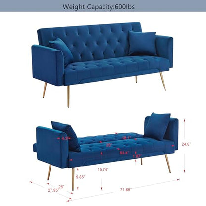 72"Modern Velvet Sofa Bed Futon,Convertible Folding Sleeper Bed Couches with 3 Adjustable Backrests,Tufted Recliner Love Seat with Golden Chrome Legs for Living Room Apartment Office (Navy+pillows) - color: Navy+pillows