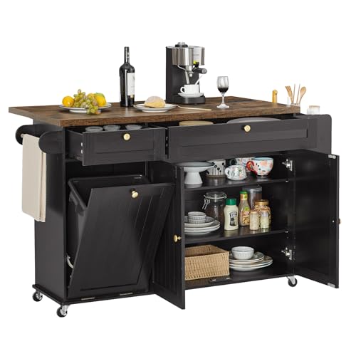 60" Kitchen Island with Power Outlet & Drop Leaf, Rolling Island with Spice Rack & Towel Rack, Kitchen Island Cart with Trash Storage Cabinet, Island Table for Kitchen, Black+Rustic Brown - color: Black+rustic Brown