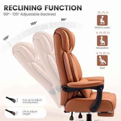 BestGlory Office Desk Chair, Big and Tall Leather Gaming Chair with Footrest, Ergonomic Comfy Executive High-Back Reclining Computer Chairs, Wide Swivel Rolling Wheels and Padded Lumbar Support, Brown - color: Terracotta, style: Freely Reclining