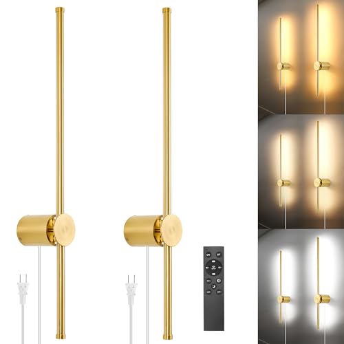 GOODATE Wall Sconces Set of Two with Remote, Stepless Colors 3000K-6500K & Stepless Dimming, Hardwire or Plug-in, 180° Rotate, LED Gold Plug in Wall Sconces with Timer & Night Light, 23.6 Inches - color: Gold, Stepless Color Temperature: 3000K-6500K, size