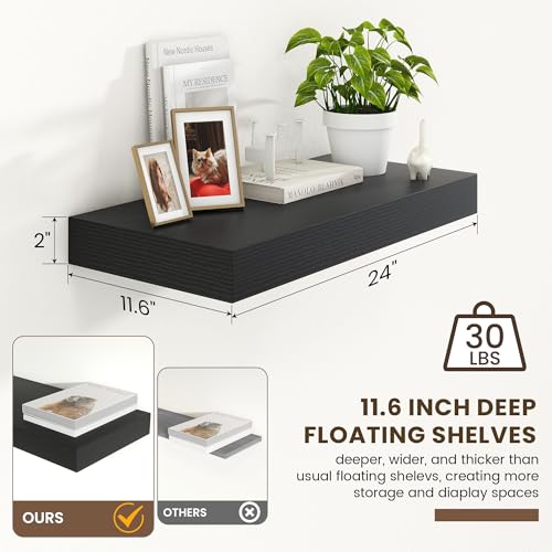 Deep Floating Shelves, 24'' x 12'' Black Shelves for Wall Set of 1 | Invisible Brackets, Engineered Wood, Mounting Hardware Included, 40LBS, Bathroom, Laundry Room, Kitchen, Living Room - color: Black, size: 24W x 11.6D x 2H, 1 Pack