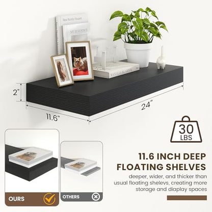 Deep Floating Shelves, 24'' x 12'' Black Shelves for Wall Set of 1 | Invisible Brackets, Engineered Wood, Mounting Hardware Included, 40LBS, Bathroom, Laundry Room, Kitchen, Living Room - color: Black, size: 24W x 11.6D x 2H, 1 Pack